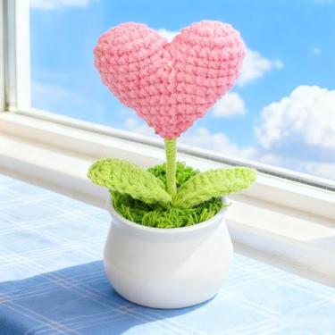 Imagem de Vaso de plantas de crochê, mini decoração de malha para casa/escritório/presentes, decoração de mesa ecológica, coração rosa