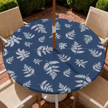 Imagem de Yesad Toalha de mesa redonda para uso ao ar livre com orifício para guarda-chuva, toalha de mesa com zíper e borda elástica, capa de toalha de mesa à prova d'água para piqueniques, serve para mesa