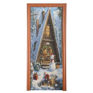 Imagem de Wassud Capa de porta de Natal decoração de banner 89 x 199 cm grande boneco de neve bonito e capa de porta interna elástica para varanda porta da frente