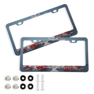 Imagem de Wassud Árvore de Natal com moldura de placa de licença de frutas vermelhas com parafusos, 2 pacotes de molduras decorativas de etiqueta de carro de alumínio, acessórios universais de carro para