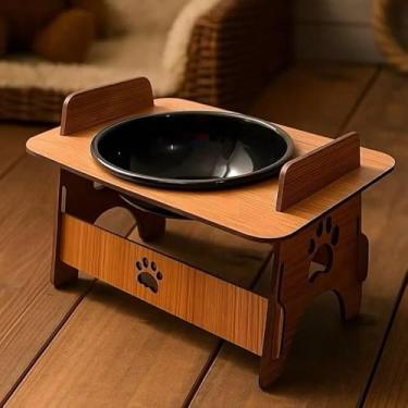 Imagem de Comedouro Elevado para Gatos e Cães, Suporte de Madeira com Tigela Preta, Design com Patas, Alimentador para Animais de Estimação