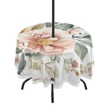Imagem de CEBUGI Toalha de mesa redonda para uso ao ar livre, vintage, floral, impermeável, com furo Umberlla, capa de mesa lavável para pátio, cozinha, sala de jantar, 152 cm