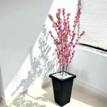 Imagem de Planta Artificial Cerejeira Rosa 4 Hastes com Vaso Grande para Decoração de Sala Quarto Escritório 1m(Rosa No Vaso Coluna Preto)