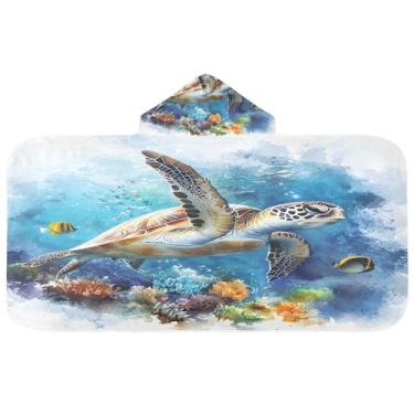 Imagem de Burbuja Toalha de banho com capuz de tartaruga marinha em aquarela para crianças, toalha de praia de pelúcia macia absorvente para meninas e meninos 3-10 anos, 61 x 127 cm