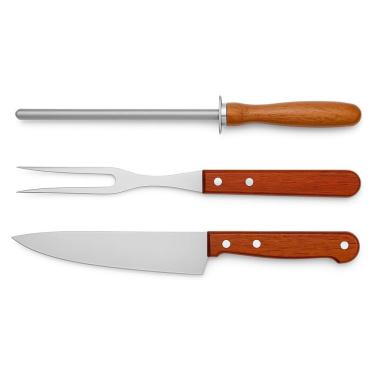 Imagem de Kit 3 Peças para Churrasco Aço Inox, Cabo de Madeira Carne, Grelhar, Assar, Churrasqueira Portátil, Presente Gourmet, Cozinha BBQ