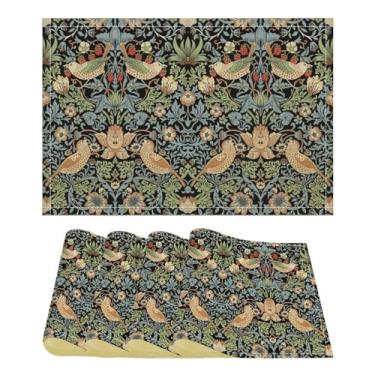 Imagem de YCness Jogo americano vintage William Morris com estampa artística, pássaro de flor, abstrato, para festa em casa, quarto, sala de estar, cozinha, arte rústica, conjunto de 4, 45 x 30 cm, verde e