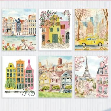 Imagem de 6 peças coloridas aquarela paisagem urbana e decoração de parede floral, pôster nórdico sem moldura, decoração de arte de parede para casa, sala de estar, banheiro, quarto, presentes de inauguração de