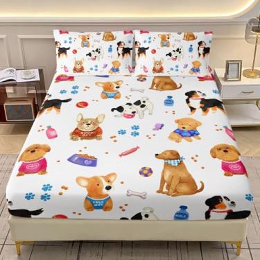 Imagem de AILONEN Jogo de lençol infantil Queen com desenho kawaii, 3 peças, cachorrinho kawaii, fofo, animais de estimação, estampa de pata, lençol com bolso profundo e 2 fronhas