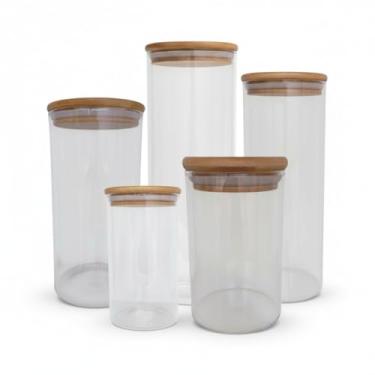 Imagem de Kit 5 Potes de Vidro com Tampa de Bambu Hermética – 2,3L / 1,4L / 1L / 600ml / 450ml – Organização de Cozinha e Despensa