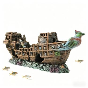 Imagem de Civore Decoração de naufrágio de aquário, ornamento de navio pirata feito de resina, acessório ecológico para navio afundado para tanques de água doce e salgada