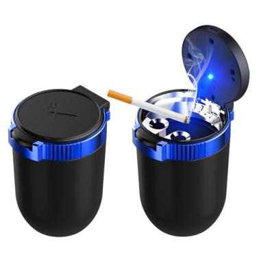 Imagem de Ohleats 2 peças cinzeiro de carro com tampa, cinzeiro removível de aço inoxidável com luz azul LED, mini suporte de copo portátil para veículos, lata de lixo, copo de cinzeiro à prova de cheiro