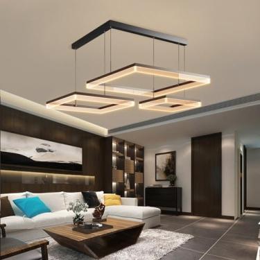 Imagem de Lustre moderno dimerizável de 68W em alumínio preto com LED acrílico, ideal para ilha de cozinha, com controle remoto e temperatura de cor de 3000K a 6500K. Perfeito para sala de estar, sala