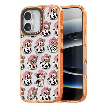 Imagem de Rosarnnah Capa para iPhone 17 fofa - Capa de telefone à prova de choque com proteção contra quedas de nível militar de 2 m - Design de vaca leiteira e pato (16 cm) laranja cósmico