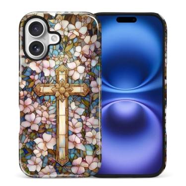 Imagem de ANLUN STORE Capa para iPhone 17, proteção dupla híbrida TPU macio + PC rígido à prova de choque, capa protetora antiarranhões e fina para homens e mulheres - design floral com cruz cristã e flores