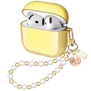 Imagem de Ucharmbead Compatível com AirPods 4 Capa protetora feminina dourada com glitter para Air Pods 4ª geração com pulseira de luxo chaveiro para mulheres e meninas (pérola branca)
