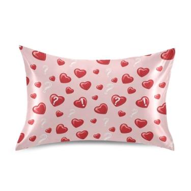 Imagem de Wassud Fronha de cetim brilhante de coração vermelho para o dia dos namorados para cabelo e pele, fronhas de seda lisa, tamanho queen, respirável, com fecho de envelope