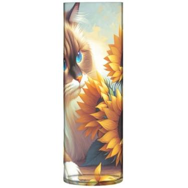 Imagem de Vasos de flores decorativos cilíndricos Ragdoll gato girassol gatinho vaso grande de plástico bonito impressão personalizada decoração de quarto moderno, 30 cm x 9,9 cm