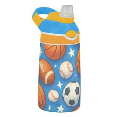 Imagem de Cute Footballs Basketball Garrafa de água infantil azul com canudo 473 ml Tritan 473 ml Garrafa de água de plástico portátil reutilizável para crianças, à prova de vazamento, alça de transporte