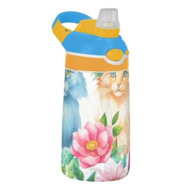 Imagem de Garrafa de água infantil de 473 ml, à prova de vazamento, 473 ml, garrafa de água esportiva Tritan com canudo reutilizável e portátil, copos de viagem para crianças, alça de transporte, flores azuis