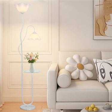 Imagem de Elegante luminária de chão nórdica com tampo de vidro, 3 cores de luz reguláveis, haste dupla flexível, luminária de leitura de ferro para sala de estar, quarto e escritório - Interruptor de