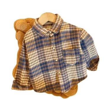 Imagem de Camisa Xadrez Infantil De Outono Casual Retrô Com Gola Lapela Manga Lo