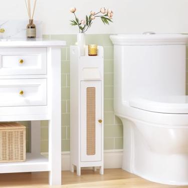 Imagem de Spirich Armário de armazenamento fino para banheiro, suporte de papel higiênico estreito com prateleiras, organizador de banheiro independente que economiza espaço para espaços pequenos