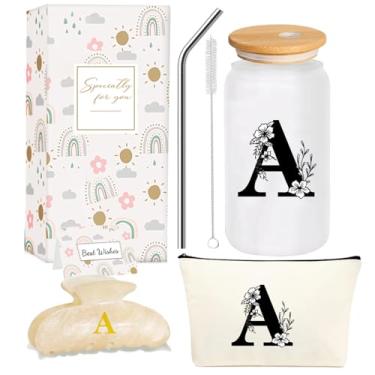 Imagem de 4MELLY Copo de vidro com inicial monograma, presentes personalizados para mulheres, copos de vidro de 473 ml, canudos, aniversário, Natal, Dia das Mães, presente para ela