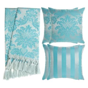Imagem de Kit Manta para Sofá Jacquard 1.8x1.4m + 4 Capas de Almofada 45x45cm - Conjunto Protetor e Decorativo com Franjas Artesanais(Azul e Prata 217)
