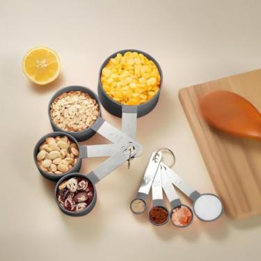 Imagem de Conjunto de 8 copos de medição e colheres, copos e colheres empilháveis, alças de aço inoxidável, para medir ingredientes na culinária e assar (cinza)