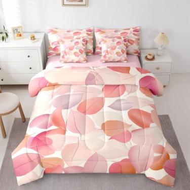 Imagem de Erosebridal Jogo de lençol casal com estampa de folhas e folhas de aquarela, rosa, roxo, 7 peças, para crianças, meninos e meninas, lençol com edredom