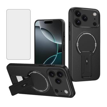 Imagem de Asuwish Capa de telefone para iPhone 17 Pro 6,3 polegadas capa de fibra de carbono magnética com protetor de tela de vidro temperado e suporte protetor fino acessórios de celular macio i Phone17 i17