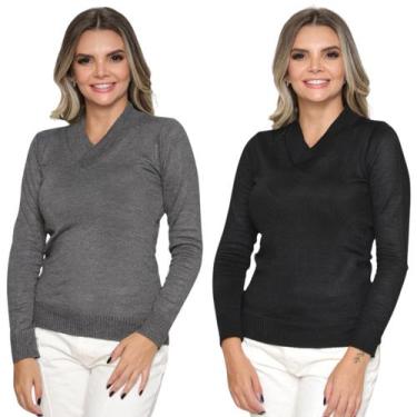 Imagem de Kit 2 Blusas Tricot Gola V Moda Casul Inverno 2024 - GIP, Chumbo, Pret