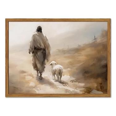 Imagem de Arte de parede emoldurada Jesus deixa as 99 ovelhas, pinturas de decoração de parede cristã, imagens de Jesus e o cordeiro perdido, impressões em tela, decoração religiosa para casa, sala de estar