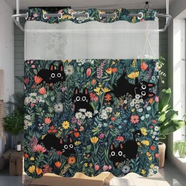 Imagem de Fowocu Cortina de chuveiro sem gancho com forro de encaixe engraçado gatos pretos boho floral margarida para banheiro divertido gatinho animal flores silvestres tecido impermeável cortina de banho