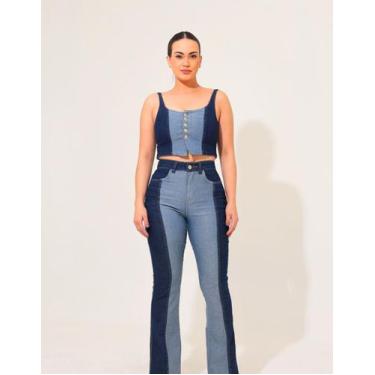 Imagem de Calça Feminina Jeans Lycra Flare Bicolor Cintura Alta Razon Jeans, 36,