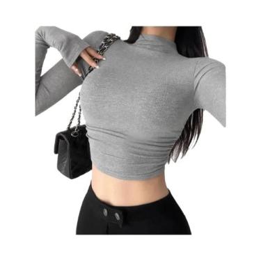 Imagem de Camiseta Cropped Feminina De Manga Longa Com Gola Alta Em Malha Canela