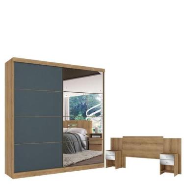 Imagem de Guarda Roupa Casal Malaga Full Glass 2 Portas Capuccino Azul e Cabecei