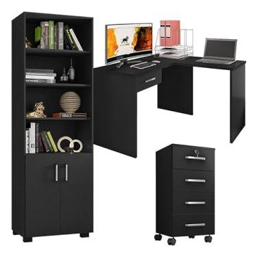 Imagem de Mesa para computador com Gaveta e Extensora e Gaveteiro Gávea com Chave e Livreiro Office Portas Pequenas Preto Fosco - Móveis Leão