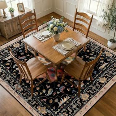 Imagem de RELEANY Tapetes quadrados de 2,1 m, lavável, antiderrapante, floral, vintage, estampado, medalhão, para sala de estar, quarto, sala de jantar, preto, colorido, floral, castanho-escuro