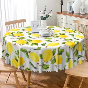 Imagem de TTQYFNM Toalha de mesa redonda com limão, 178 cm, aquarela amarela, limão, frutífera, ramos, folhas verdes, círculos, toalha de mesa de tecido impermeável para cozinha, jantar, piquenique, decoração