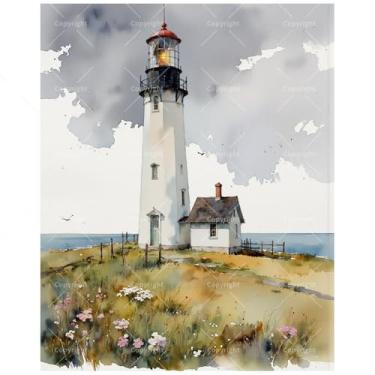 Imagem de Kit de pintura costeira por números para adultos – DIY Lighthouse by The Sea pintura em tela, conjunto de tinta acrílica, adequado para iniciantes, arte náutica para decoração de casa ou presentes (40