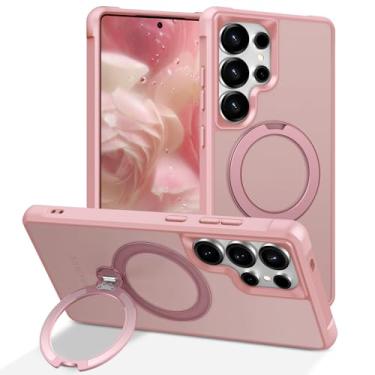 Imagem de PIXIU Capa para Samsung Galaxy S25 Ultra com anel magnético invisível/suporte compatível com MagSafe, capa protetora de grau militar, translúcida, fosca, rosa