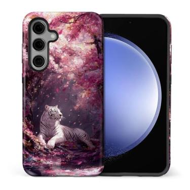 Imagem de CARLOCA Compatível com Samsung Galaxy S25 FE Capa protetora de corpo inteiro brilhante para meninas meninos à prova de choque estética padrão tigre branco deitado flor de cerejeira floresta