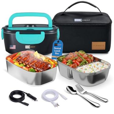 Imagem de FORABEST Lancheira elétrica para adultos com 2 recipientes de aço inoxidável, lancheira aquecida rápida de 80 W para adultos 12/24/110/220 V lancheira portátil para carro, caminhão, escritório 1,5L