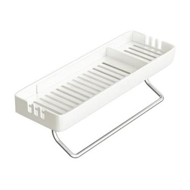 Imagem de KHUTRW3D Rack de armazenamento de chuveiro para banheiro, organizador de chuveiro montado na parede com toalheiro, prateleiras de armazenamento de plástico não perfuradas para banheiro e cozinha