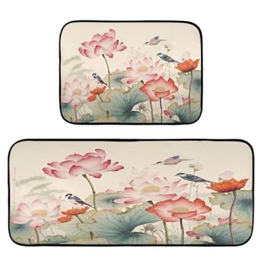 Imagem de xigua Conjunto de 2 peças de tapetes e tapetes de cozinha de jardim de flores de lótus, tapetes de cozinha macios absorventes para chão, tapete de cozinha, antiderrapante, conjunto de capachos, 50 x