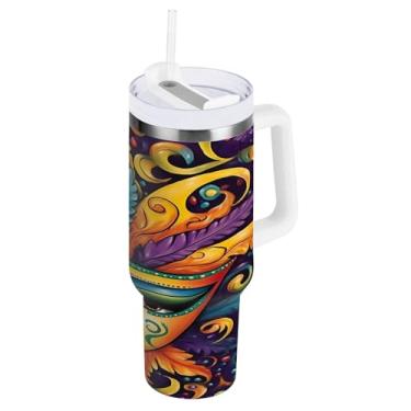 Imagem de Blueangle Copo isolado para Mardi Gras de 1,134 g com alça e tampa de palha, caneca de viagem reutilizável de aço inoxidável (410)