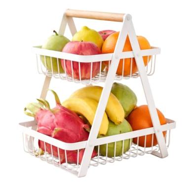 Imagem de Fruteira de Mesa 2 Andares Metal Aramado Branco com Alça Madeira Cesto Organizador de Frutas Legumes Duplo para Cozinha e Bancada Design Moderno Desmontável