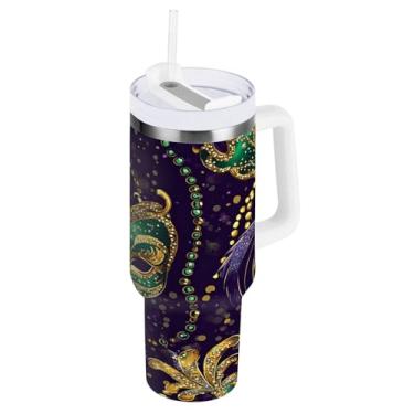 Imagem de Blueangle Copo isolado de máscara de carnaval de carnaval de 1,134 g com alça e tampa de palha, caneca de viagem reutilizável de aço inoxidável (377)