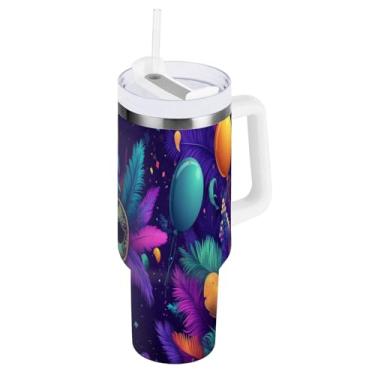 Imagem de Blueangle Copo isolado de máscara colorida Mardi Gras de 1,134 g com alça e tampa de palha, caneca de viagem reutilizável de aço inoxidável (158)